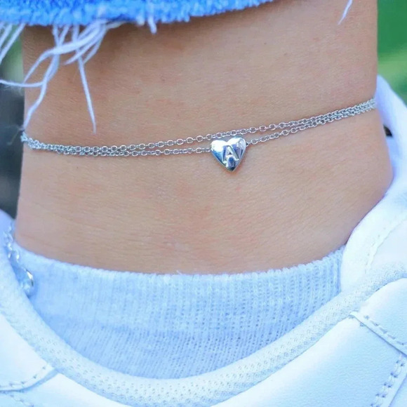 ▶ SILVER INITIAL ANKLET ❤️HEART CHARM PERSONALIZED ALPHABET DAINTY, ELDM22336 - Picture 13 of 15